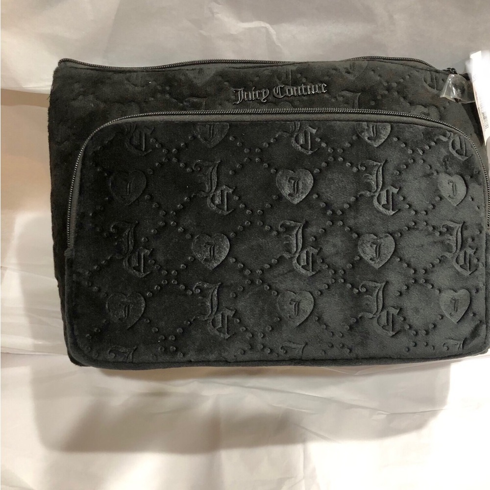 Juicy Couture black oversized monogrammed velour XL cosmetics bag & zipper charm